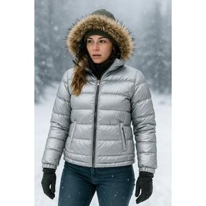 Eddie Bauer‎ Puffer Jacket Women M Silver Faux Fur Trim EB550 Goose Down Coat